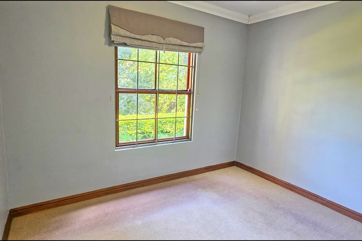 An empty bedroom featuring neutral grey walls, carpeted flooring, timber skirting boards, and a grid-pattern window with a fabric pelmet.
