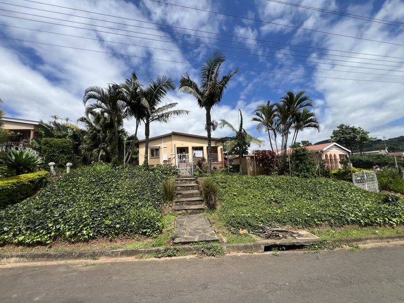 Elevated single-story residential property featuring stone stairs, established palm trees, and a landscaped front garden area.