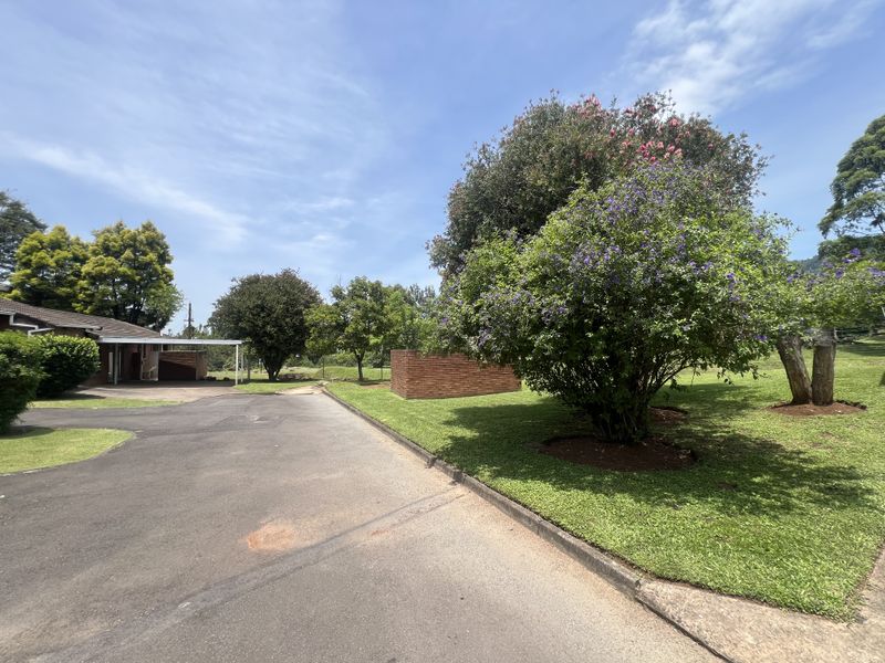 A view of the property grounds featuring a paved driveway, manicured lawn, mature trees, and a brick boundary wall.