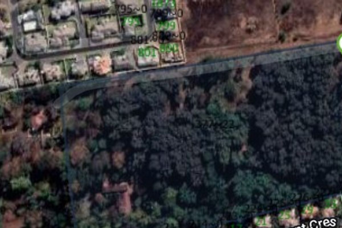 An aerial view of a vacant commercial land parcel featuring dense vegetation and surrounding residential development.