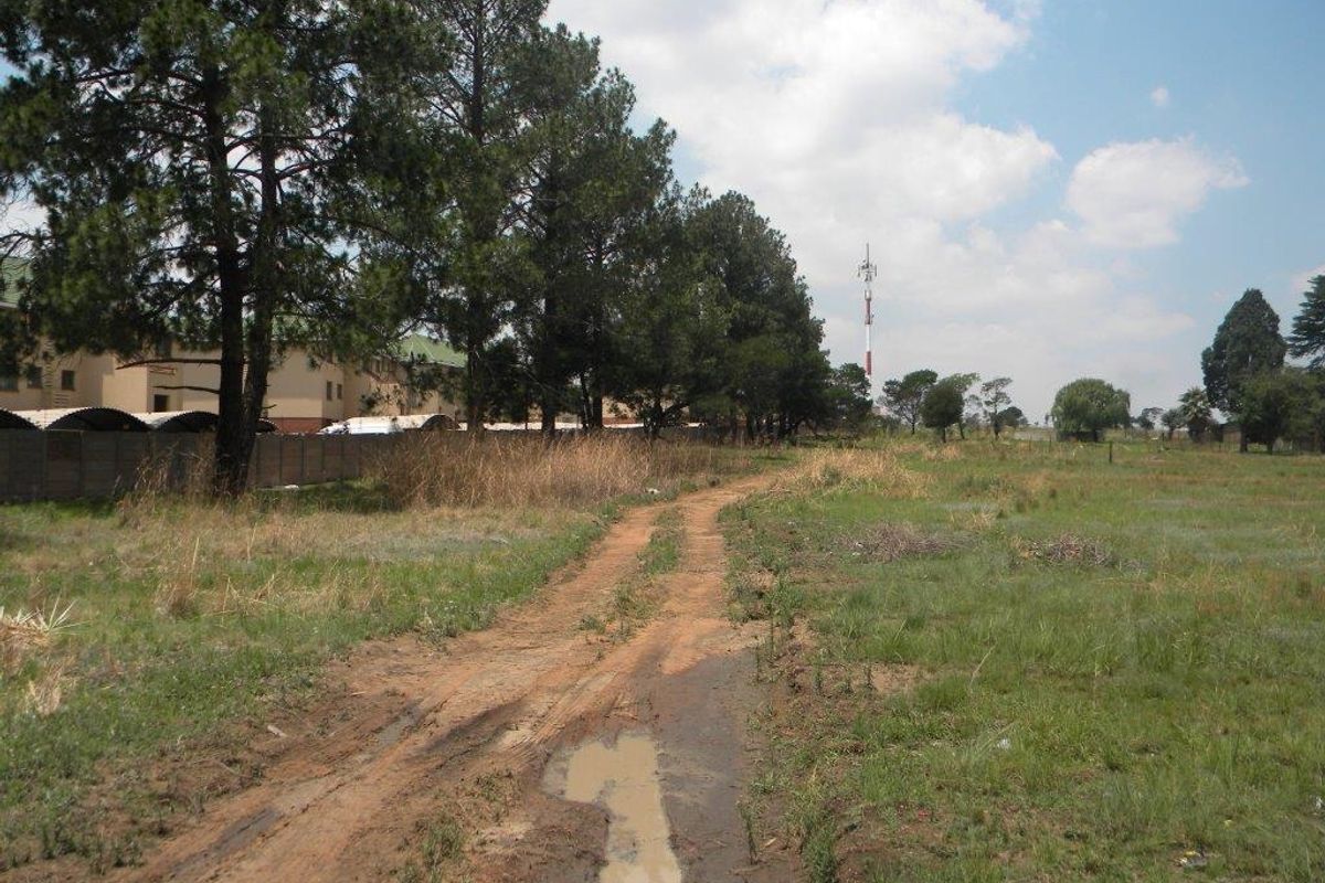 A view of a vacant residential plot featuring an unpaved access road, mature trees, and perimeter fencing with a telecommunications tower in the distance.