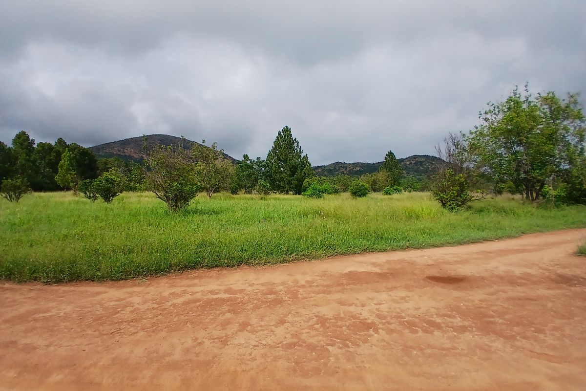 A scenic view of a rural farm landscape featuring a dirt access road, open grassy fields, and distant hills under a cloudy sky.
