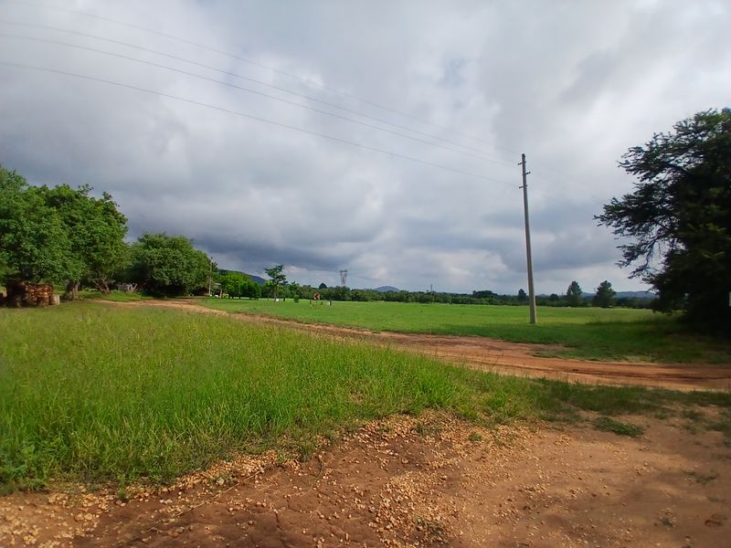 A wide-angle view of the farm property featuring open green pastures, a dirt access road, and surrounding mature trees under a cloudy sky.