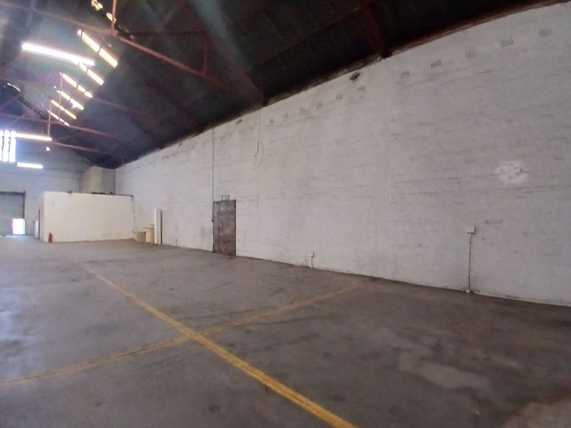 Spacious industrial utility area featuring high exposed steel roof trusses, concrete flooring, and painted brick walls, suitable for storage or workshop use.