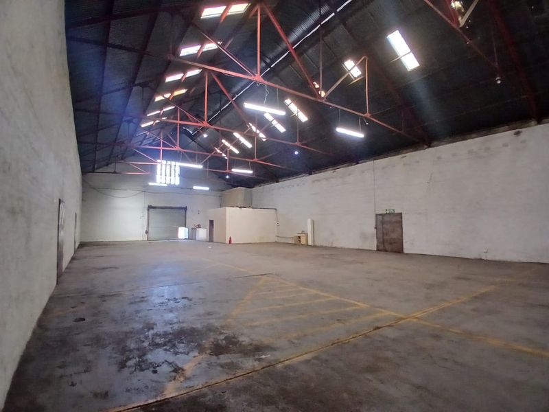 Spacious industrial warehouse unit featuring high exposed steel roof trusses, natural light from skylights, concrete flooring, and a large roller shutter door.