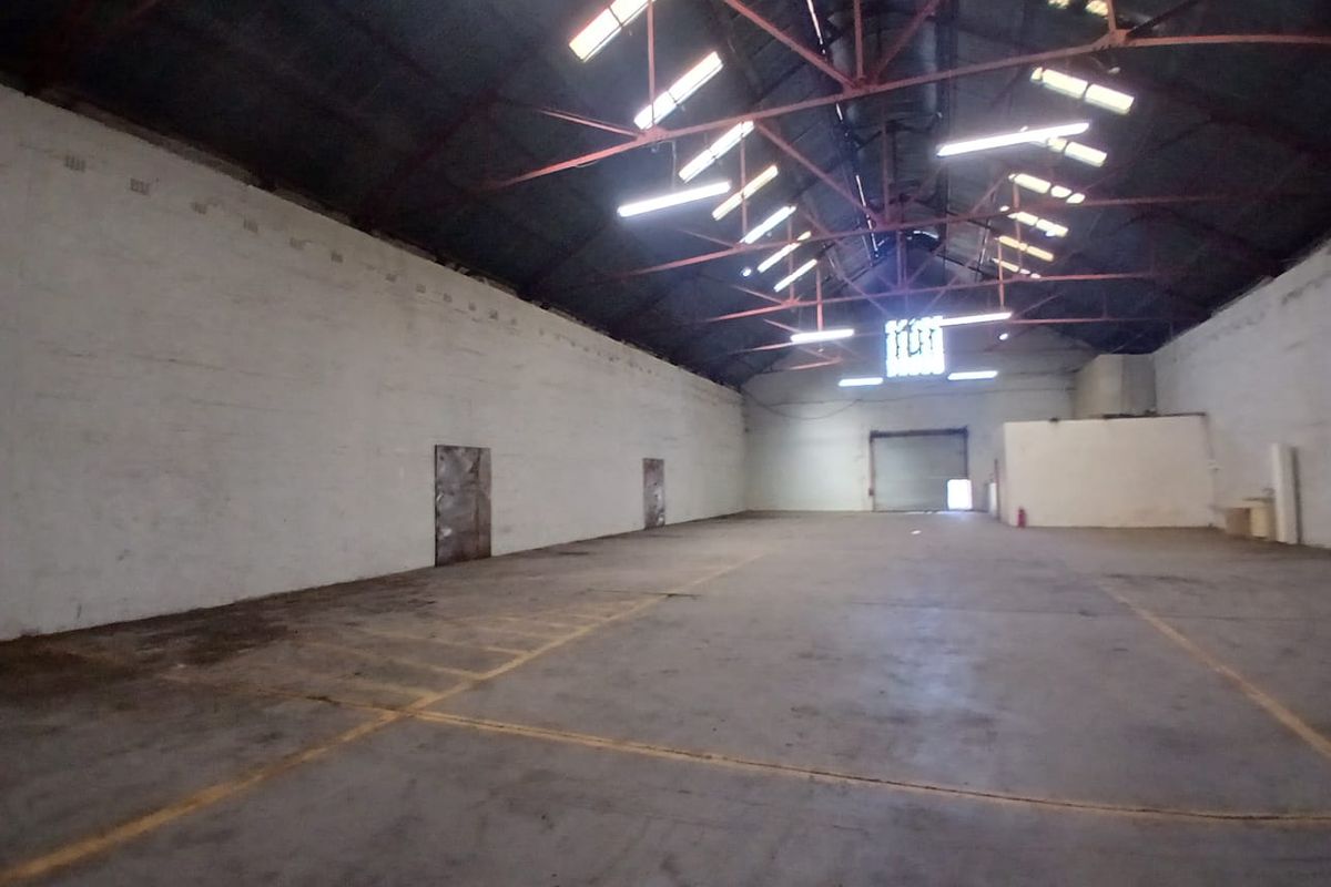 Spacious industrial warehouse unit featuring high ceilings with exposed steel trusses, concrete flooring, skylights, and a large roller shutter door for easy access.
