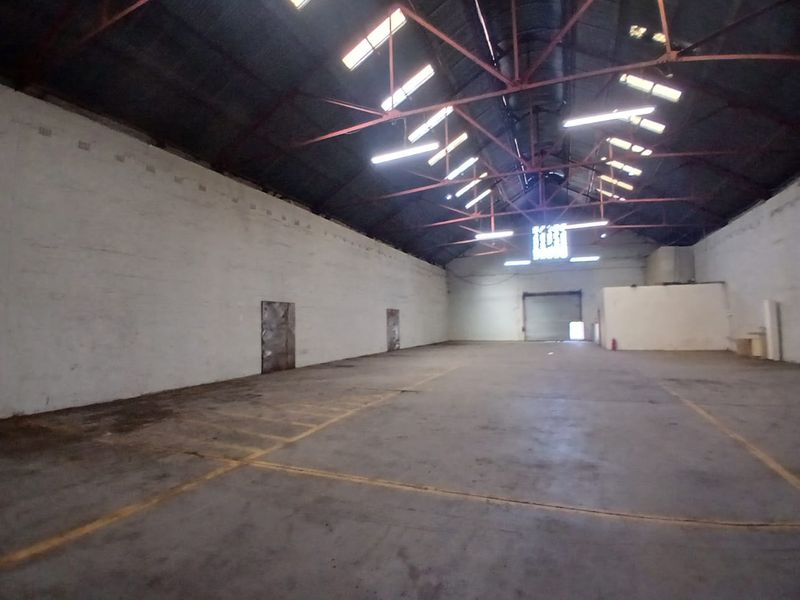 Spacious industrial warehouse unit featuring high ceilings with exposed steel trusses, concrete flooring, skylights, and a large roller shutter door for easy access.