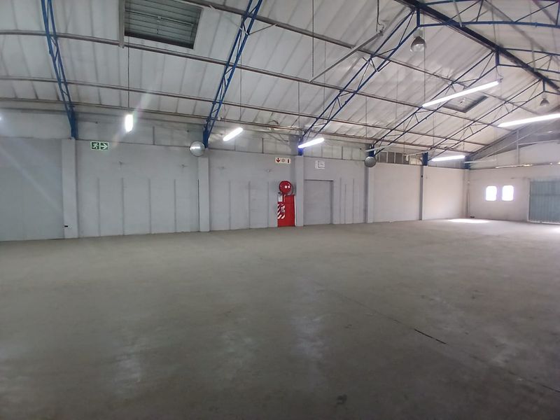 Spacious industrial warehouse unit featuring high ceilings with exposed steel trusses, concrete flooring, and integrated fire safety equipment.