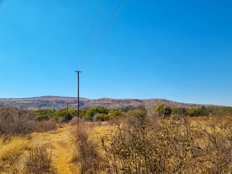 A view of the vacant residential land featuring natural dry vegetation, utility poles, and distant mountain scenery under a clear blue sky.