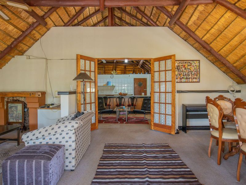 Spacious open-plan living and dining area featuring a high exposed thatch roof with timber rafters, a built-in fireplace, and french doors leading to a kitchen.