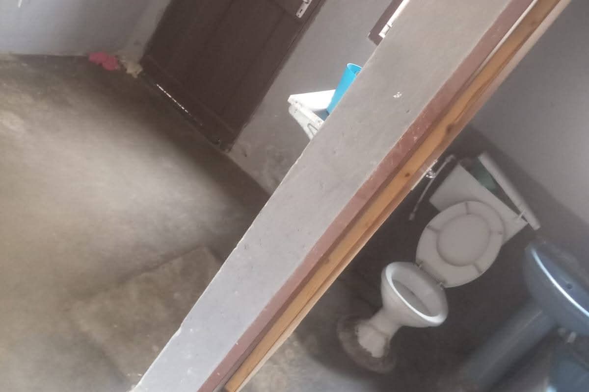 A basic bathroom featuring a standard toilet and pedestal basin with unfinished concrete flooring and exposed wall finishes.