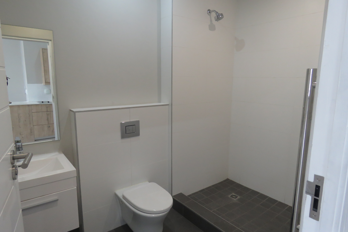 Modern bathroom featuring a wall-mounted toilet, a walk-in shower with dark floor tiling, and a vanity basin with a mirror.