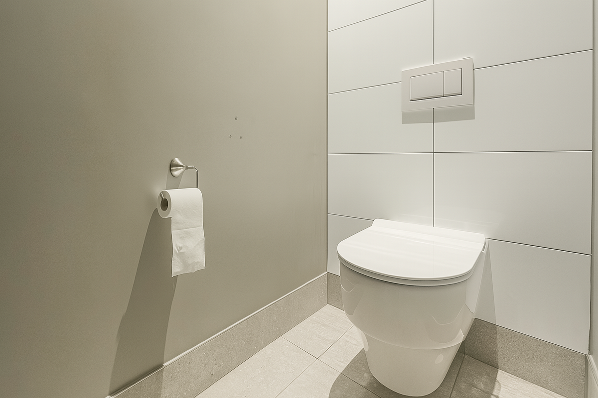 A modern, minimalist office restroom featuring a wall-mounted toilet with a concealed cistern and large-format white wall tiles.
