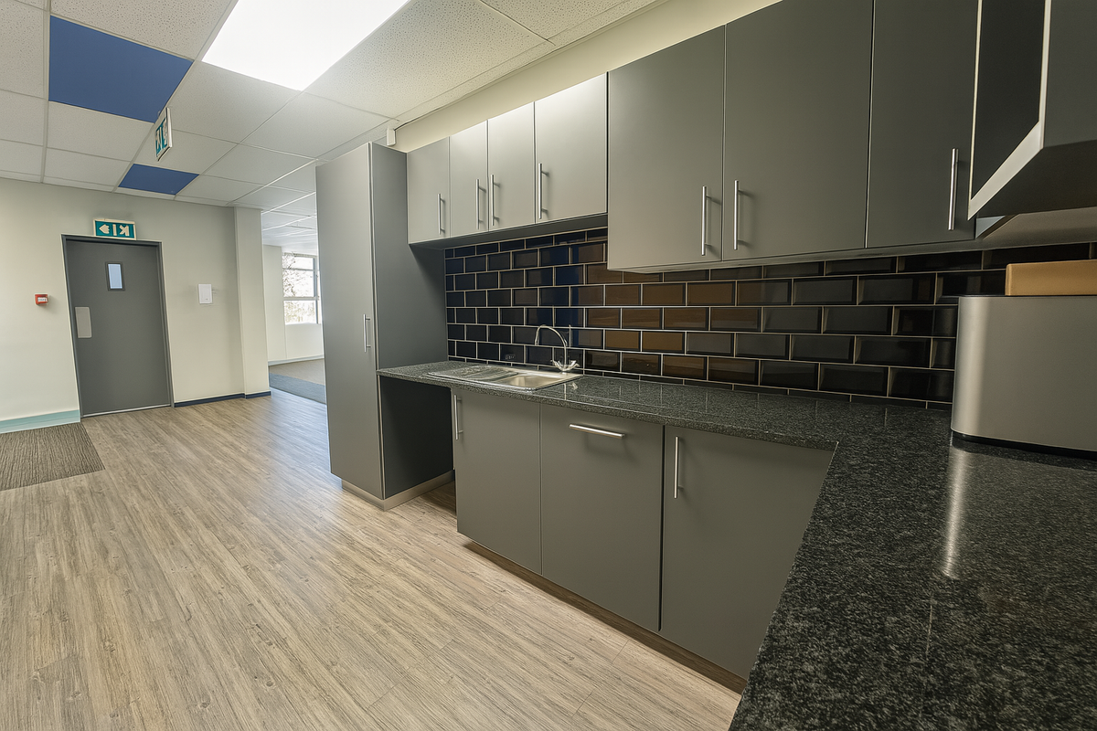 A modern office kitchenette featuring dark grey cabinetry, granite countertops, and a stylish black subway tile backsplash, complemented by wood-look flooring.