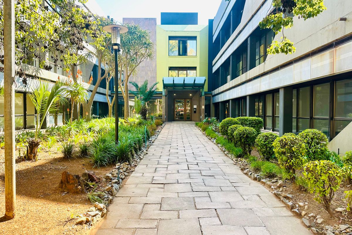 A paved walkway leads through a landscaped courtyard to the main entrance of this commercial office building.