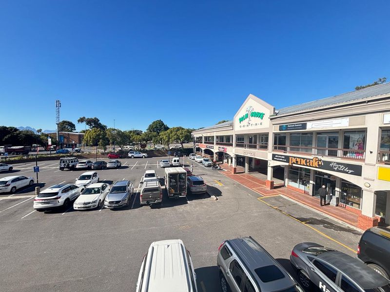 Elevated view of the Palm Grove Centre retail complex, featuring a multi-level facade, storefront signage, and an expansive asphalt parking area.
