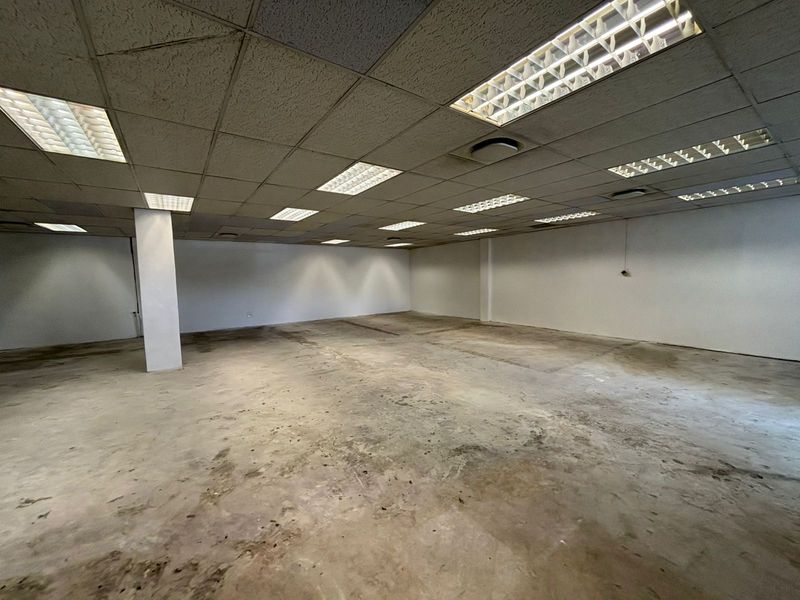 A large, vacant open-plan retail space featuring a suspended ceiling with recessed lighting and an unfinished concrete floor.