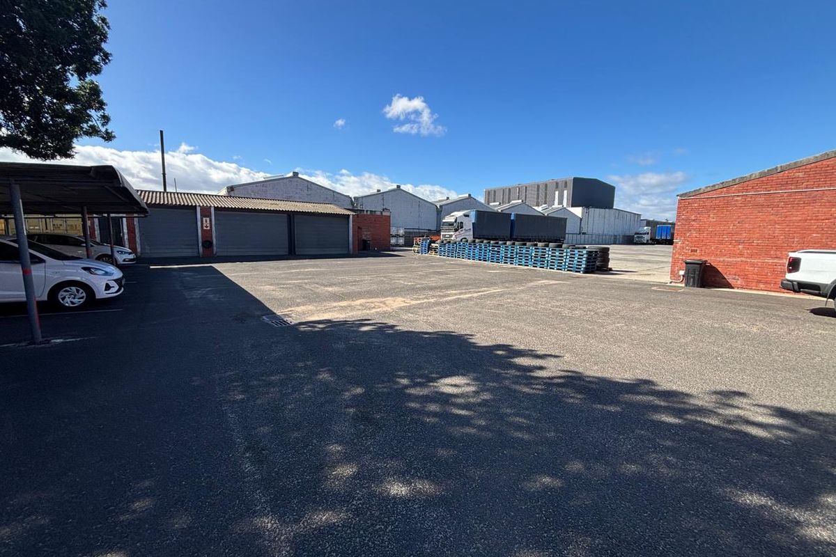 A spacious industrial yard featuring asphalt paving, multiple roller shutter garage doors, and a covered parking area, suitable for commercial or logistics operations.