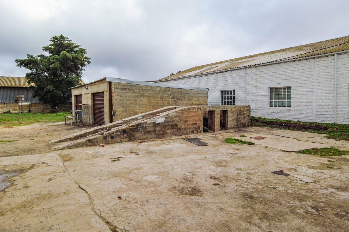 Industrial rear yard featuring a concrete loading ramp, masonry outbuilding with roller shutter doors, and expansive concrete hardstanding area.