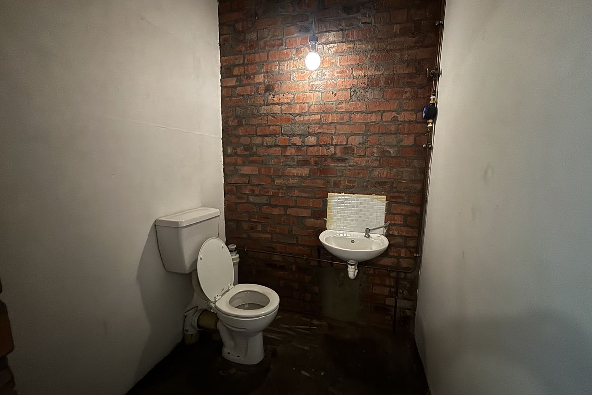 A compact industrial-style bathroom featuring an exposed brick feature wall, a standard toilet, and a wall-mounted basin with exposed piping.