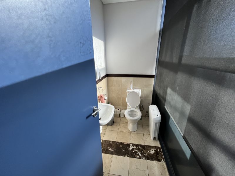 A functional office bathroom featuring a pedestal basin, toilet, and tiled flooring with decorative border accents.
