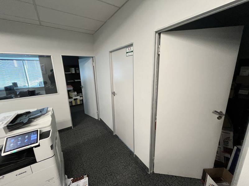 Office interior featuring carpeted flooring, suspended ceiling, and multiple internal access doors with a glass partition looking into an adjacent workspace.