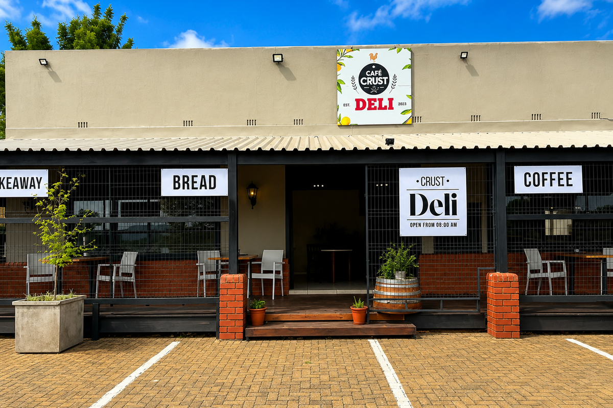 Front facade of a deli restaurant featuring a timber deck, brick accents, metal mesh security fencing, and clear signage under a corrugated metal roof.
