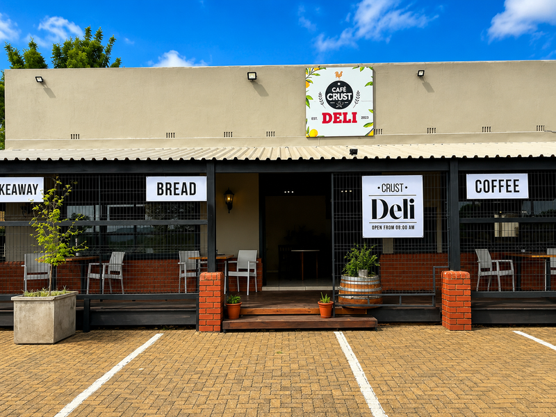 Front facade of a deli restaurant featuring a timber deck, brick accents, metal mesh security fencing, and clear signage under a corrugated metal roof.