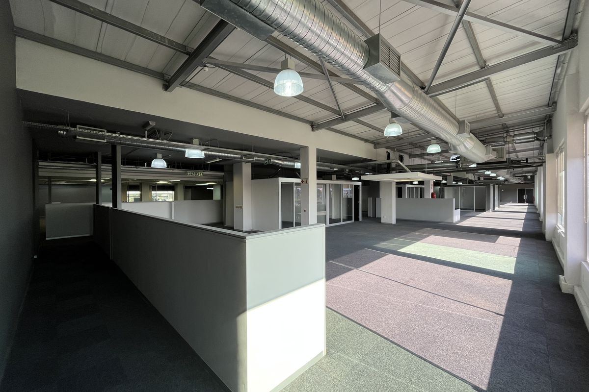 Spacious open-plan office area featuring exposed industrial ceiling ducting, steel trusses, modular partition walls, and carpeted flooring throughout.