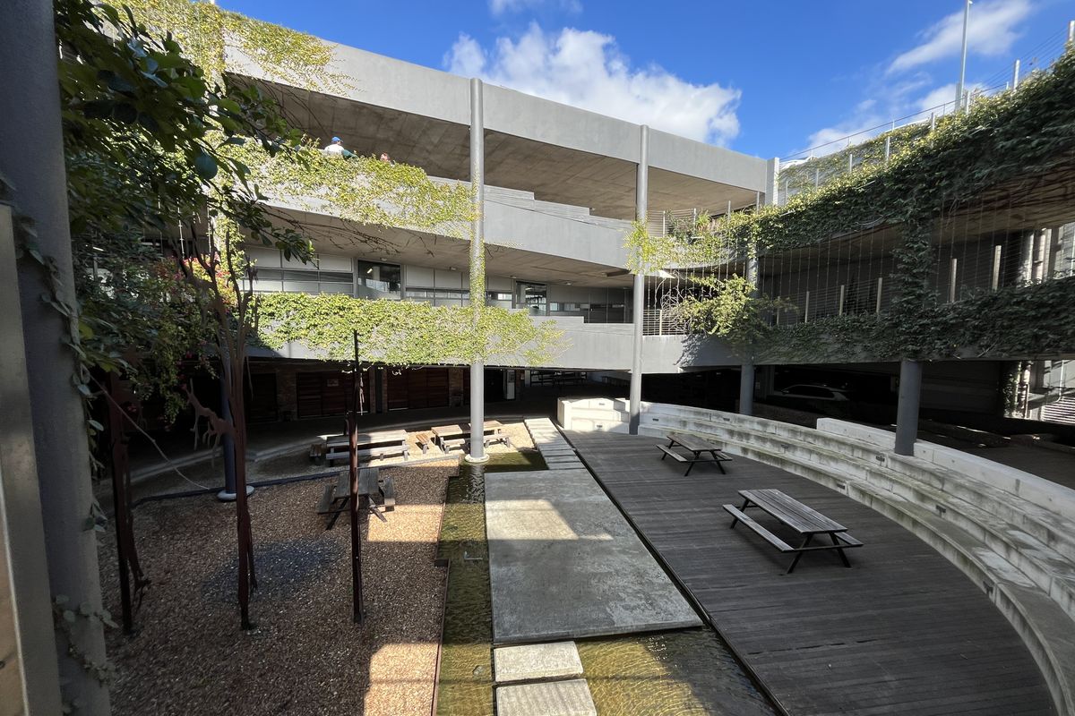 A modern multi-level commercial courtyard featuring timber decking, a central water feature, stepped concrete seating, and integrated climbing greenery.