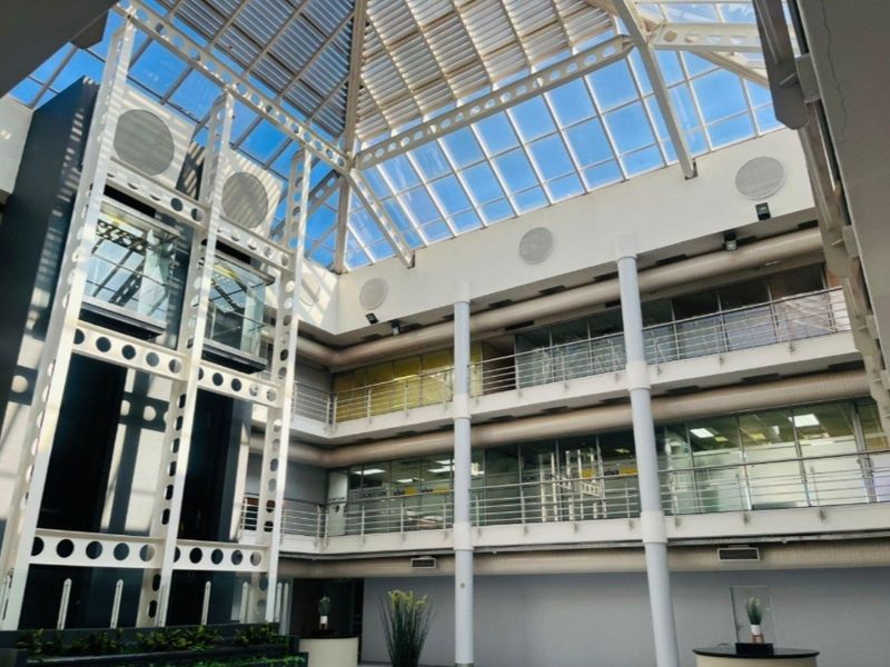 Spacious commercial atrium featuring a large glass skylight, multi-level mezzanine walkways, and a modern glass elevator structure.