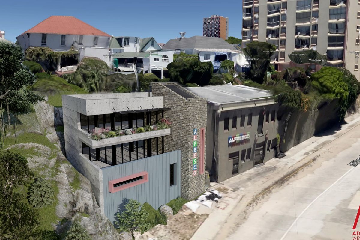 An aerial 3D rendered view of a modern architectural building design featuring concrete and stone elements situated on a hillside.