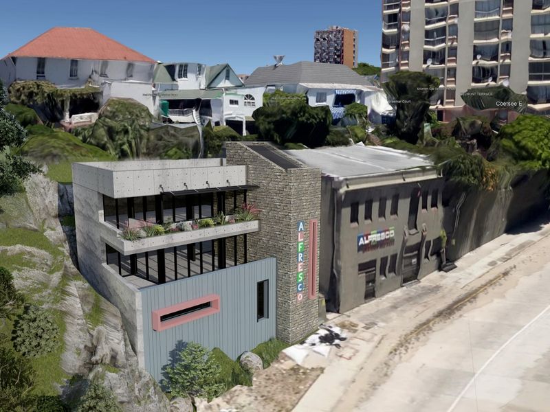 An aerial 3D rendered view of a modern architectural building design featuring concrete and stone elements situated on a hillside.