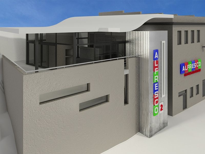 A 3D architectural rendering of the Alfresco 2 building facade, showcasing modern metal cladding and structural design elements.
