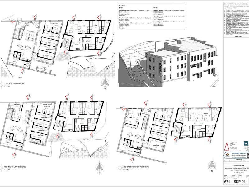 Architectural floor plans for a proposed student accommodation development, detailing multiple blocks, room layouts, and communal areas across three levels.