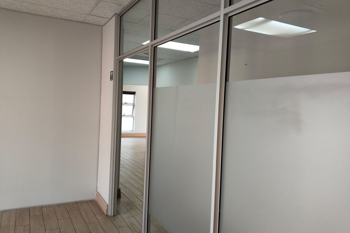 A bright, vacant office space featuring modern wood-look tile flooring, suspended ceilings, and a glass partition wall with frosted privacy film.