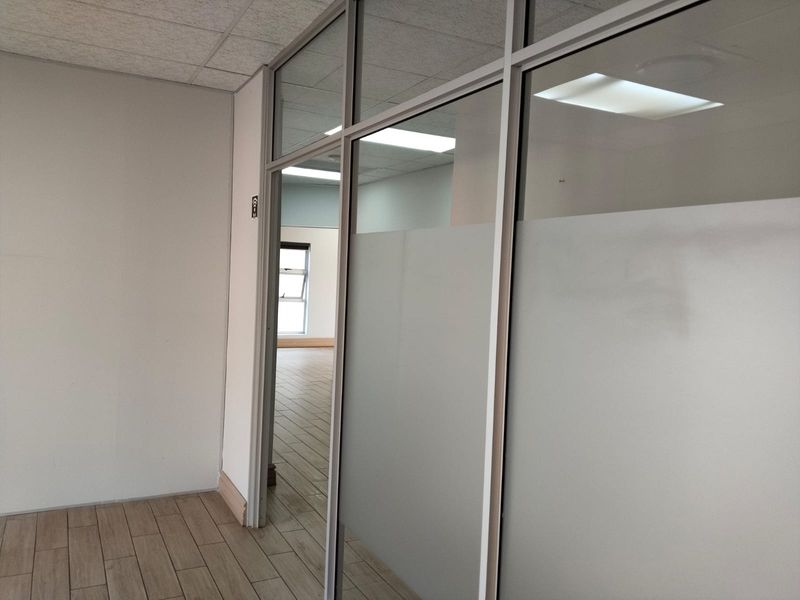 A bright, vacant office space featuring modern wood-look tile flooring, suspended ceilings, and a glass partition wall with frosted privacy film.