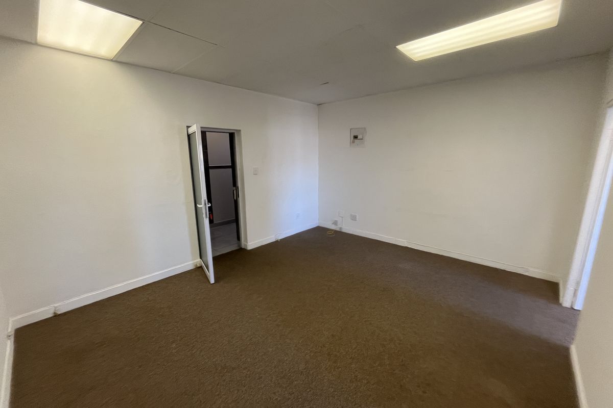 An empty office space featuring a drop ceiling with recessed lighting and brown carpet flooring, providing a blank canvas for professional use.
