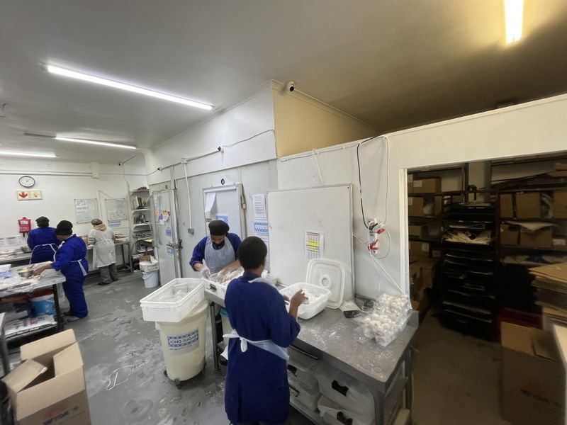 A functional industrial food preparation area featuring stainless steel work surfaces, storage shelving, and overhead fluorescent lighting.