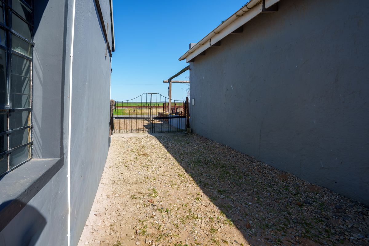 A narrow exterior side passage featuring a gravel path, metal security gate, and grey painted walls leading to an open rear area.