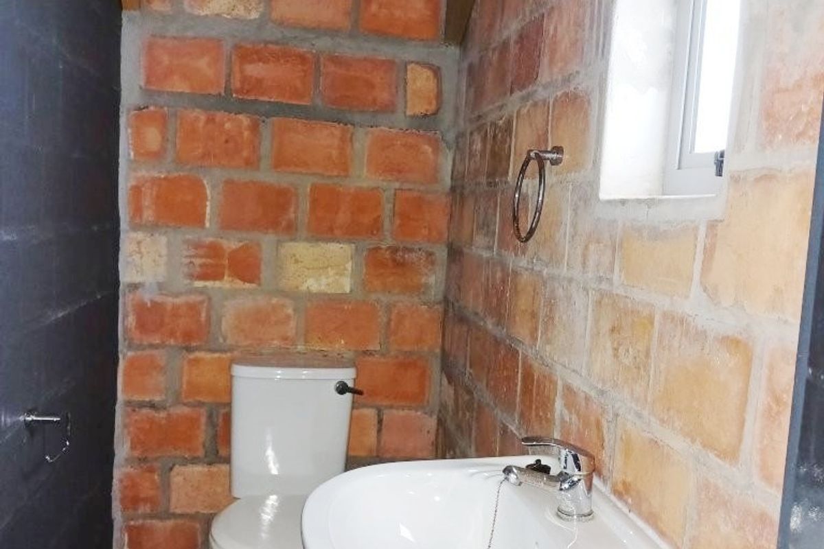 A compact bathroom featuring exposed brick walls, a standard toilet, and a wall-mounted washbasin with exposed plumbing.