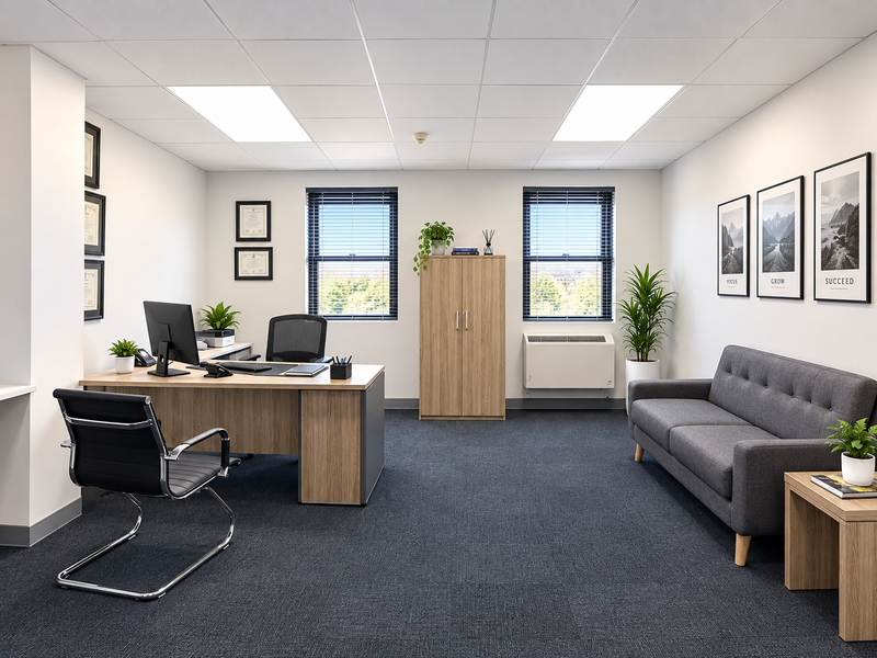 A professional office space featuring a suspended ceiling, recessed lighting, HVAC unit, and carpet flooring, providing a clean and functional work environment.