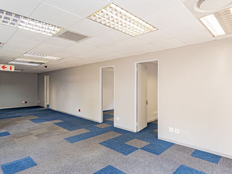 A spacious, vacant office area featuring a suspended ceiling with recessed lighting and patterned carpet tiles, offering a clean and professional workspace environment.