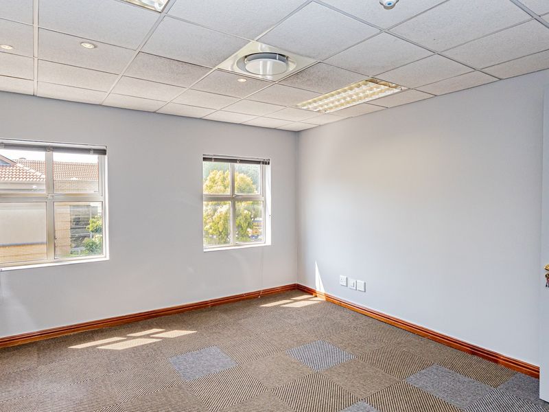 A bright, empty office space featuring a suspended ceiling, recessed lighting, carpet tiles, and large windows providing natural light.