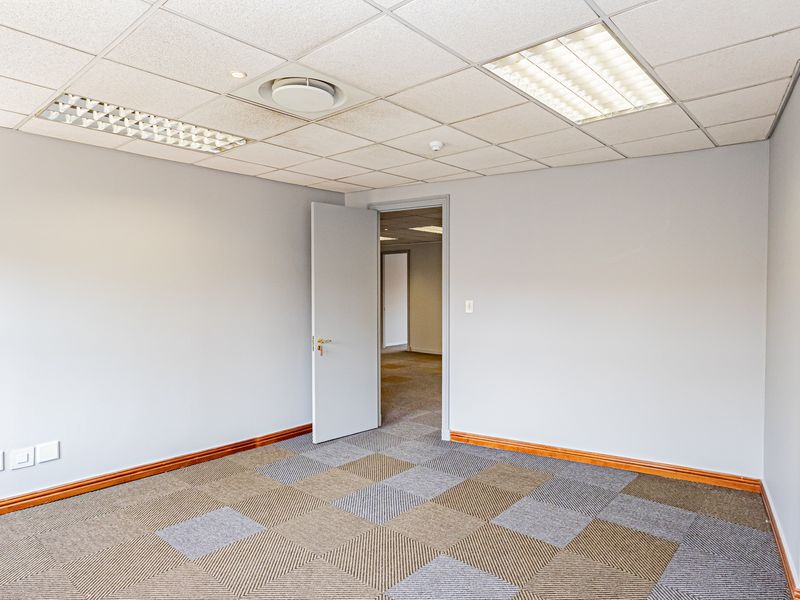 A clean, vacant office space featuring a suspended ceiling with recessed lighting, carpet tile flooring, and neutral wall finishes.