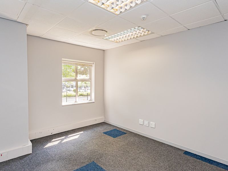 A clean, vacant office space featuring neutral walls, carpeted flooring, suspended ceiling with recessed lighting, and integrated electrical and data connectivity.