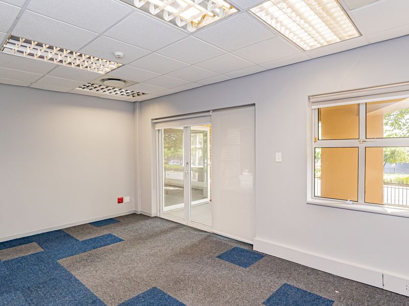 A bright, vacant office space featuring a suspended ceiling with recessed lighting, carpet tile flooring, and a sliding glass door leading to an outdoor area.