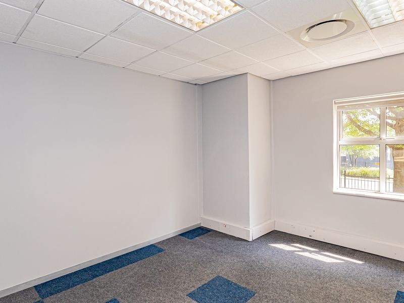 A clean, empty office space featuring carpet tiles, suspended ceiling with recessed lighting, and perimeter trunking for power and data connectivity.
