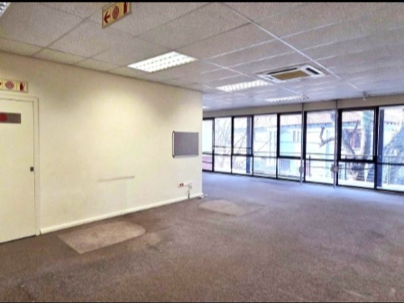 Spacious open-plan office area featuring large windows, suspended ceilings with recessed lighting, ducted air conditioning, and carpeted flooring.