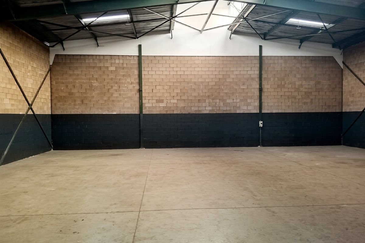 Spacious industrial utility area featuring high ceilings with exposed steel trusses, concrete flooring, and blockwork walls with integrated skylights for natural illumination.